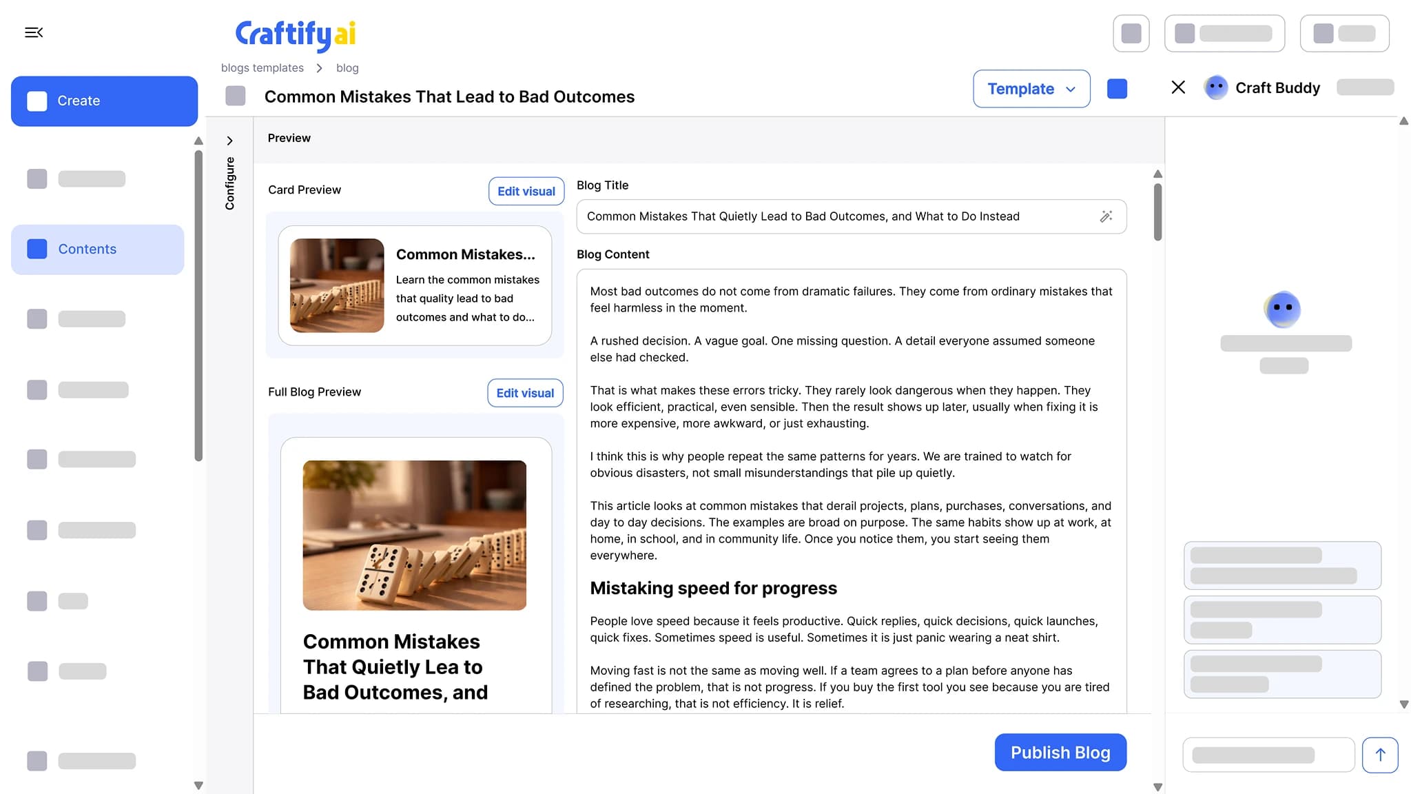 Craftify AI blog post editor with a card preview, a full article preview with cover image, and the SEO-optimized article text
