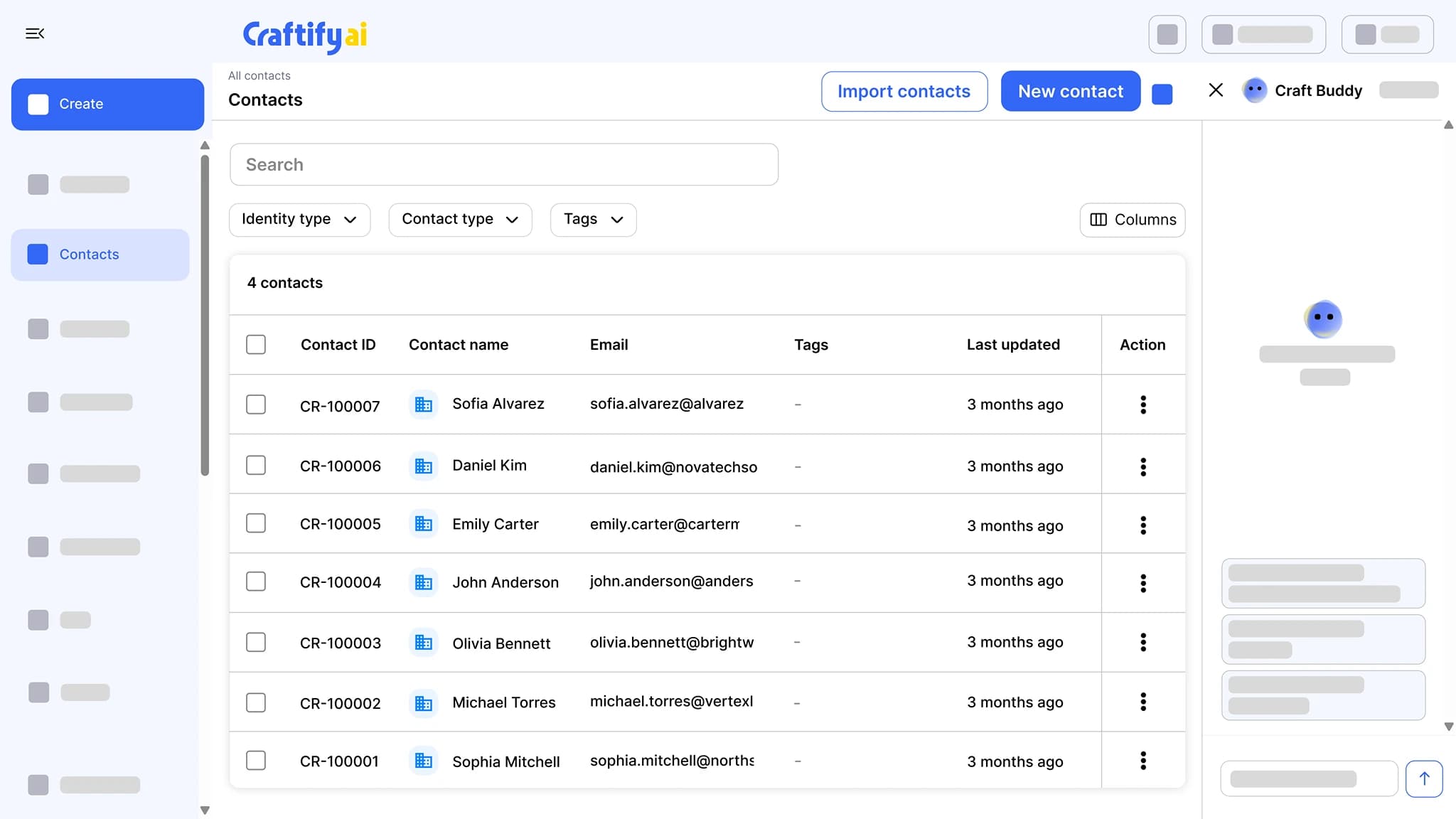 Craftify AI contacts list with contact IDs, names, emails, tags, and filters for identity type, contact type, and tags