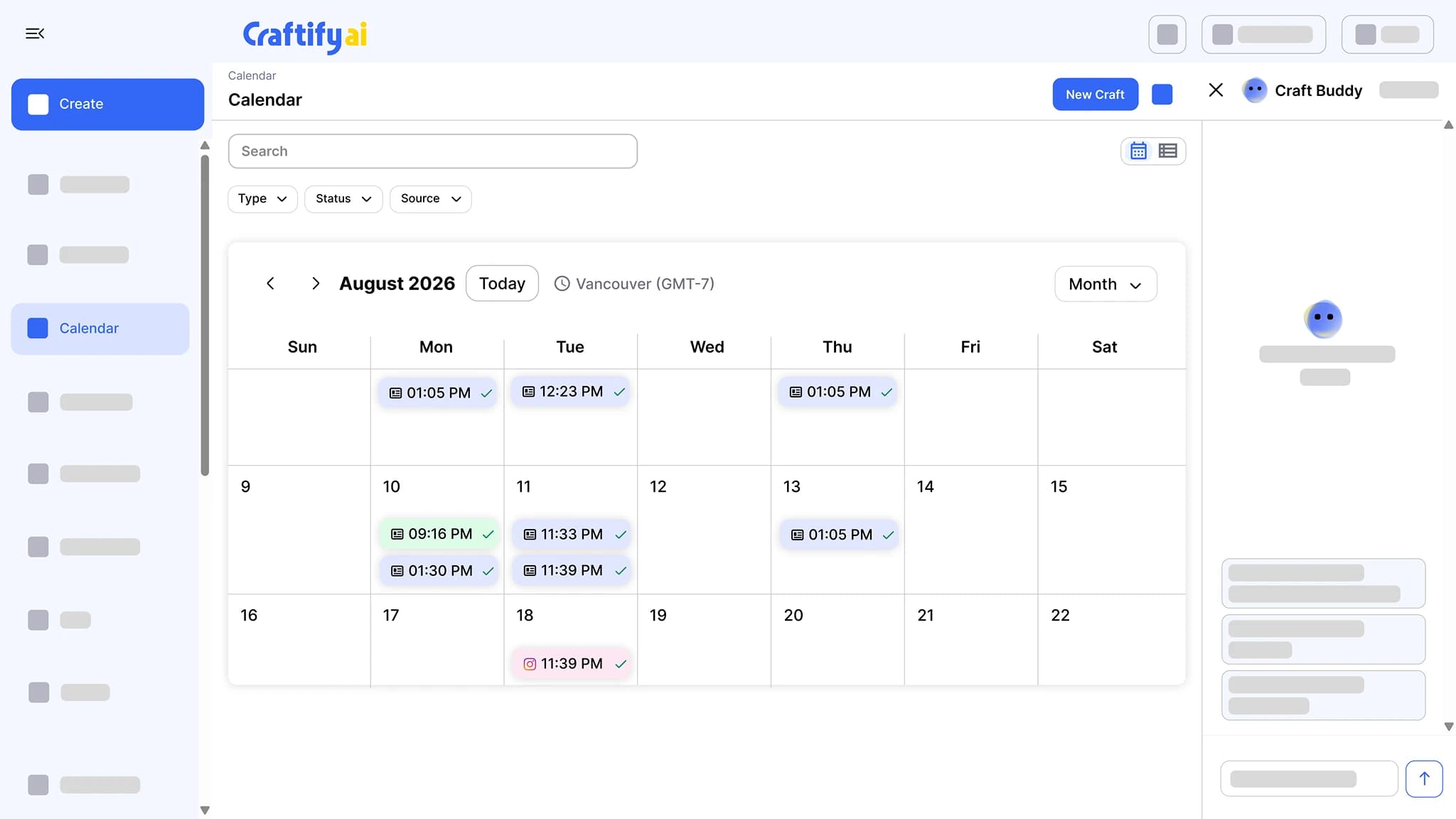 Craftify AI content calendar for August 2026 with scheduled emails and an Instagram post, and filters for type, status, and source