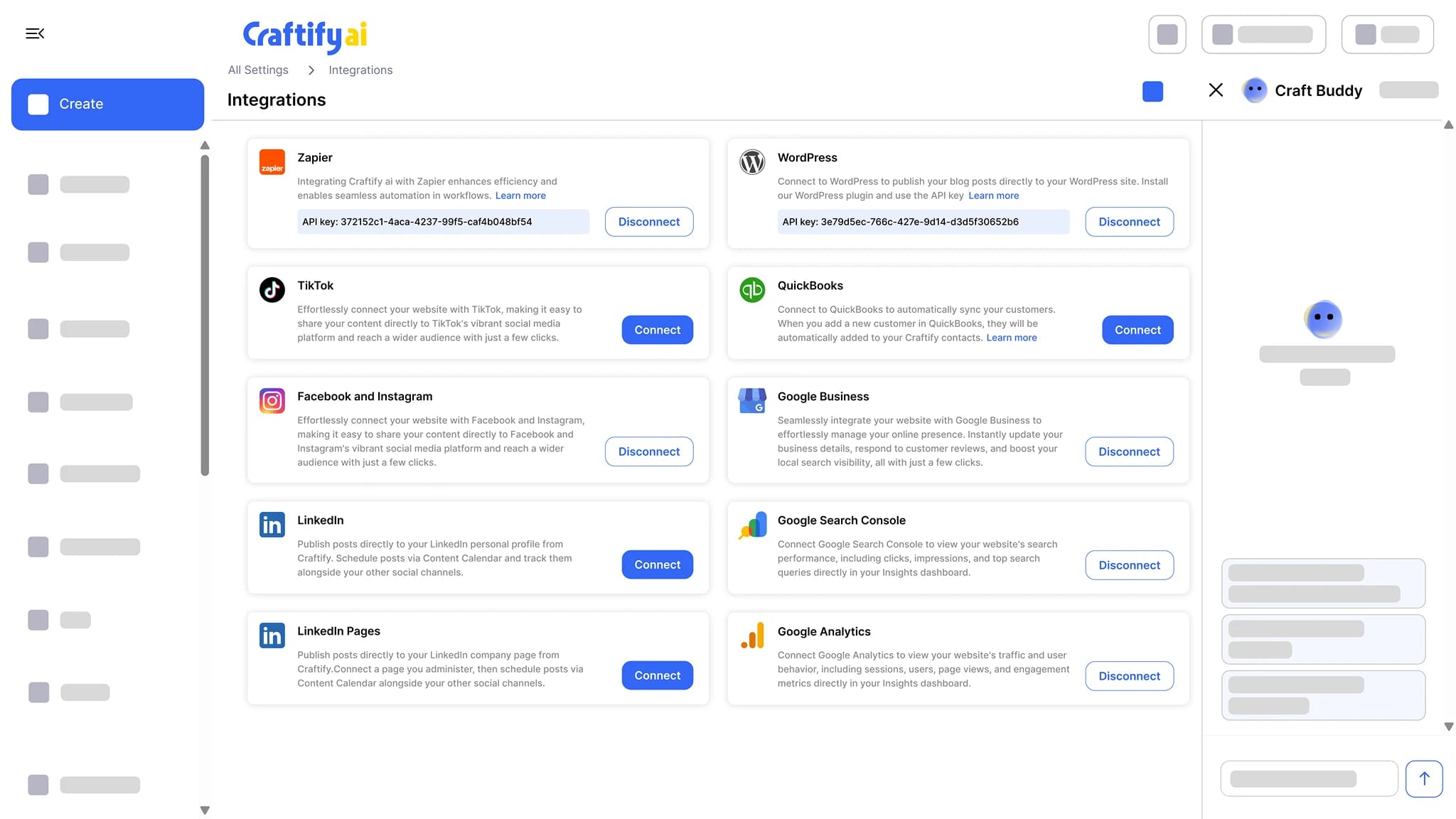 Craftify AI integrations settings showing Zapier, WordPress, TikTok, QuickBooks, Facebook and Instagram, Google Business, Google Search Console, and Google Analytics