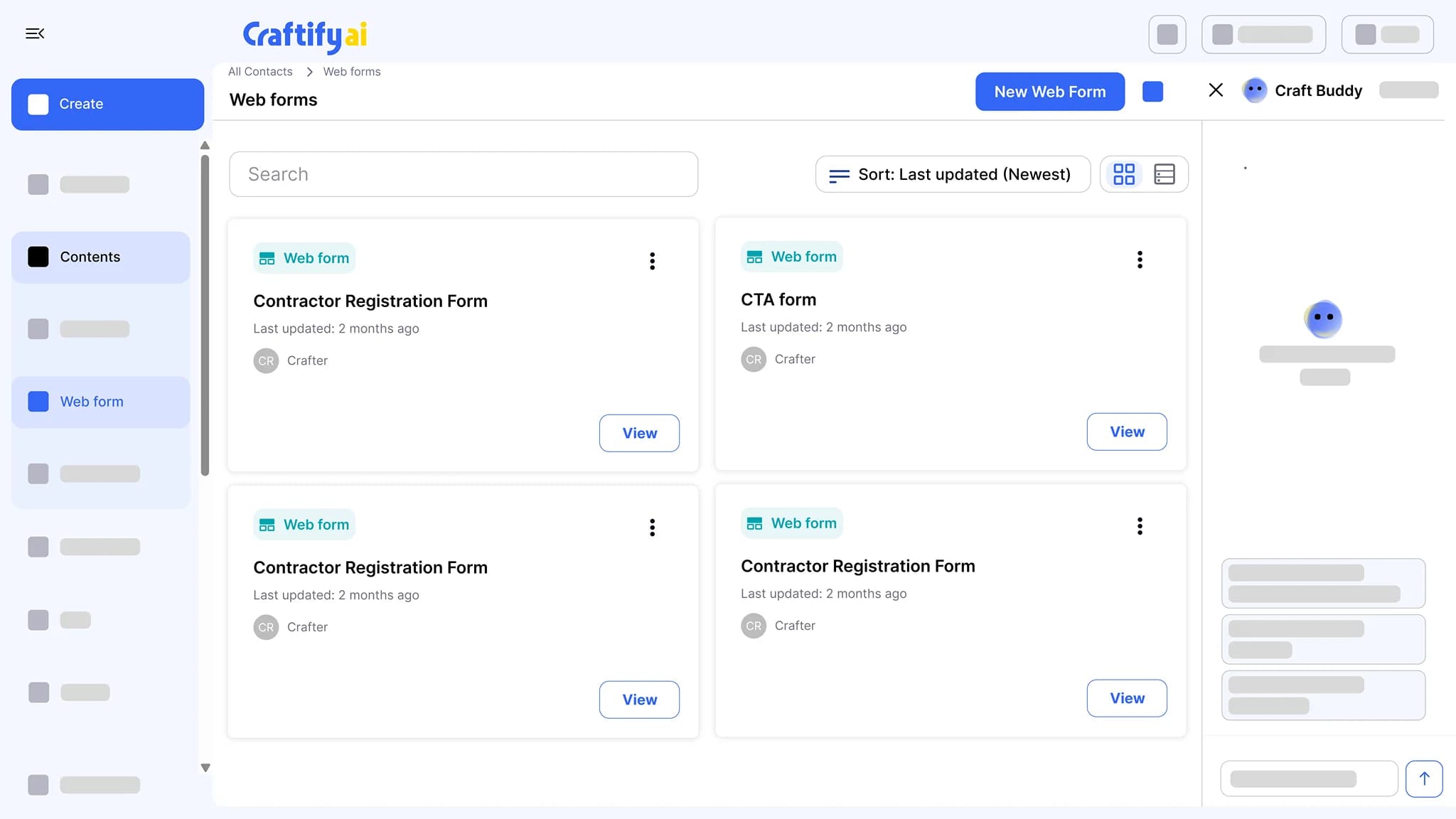 Craftify AI web forms list with a contractor registration form and a CTA form, each with its last-updated date and a View button