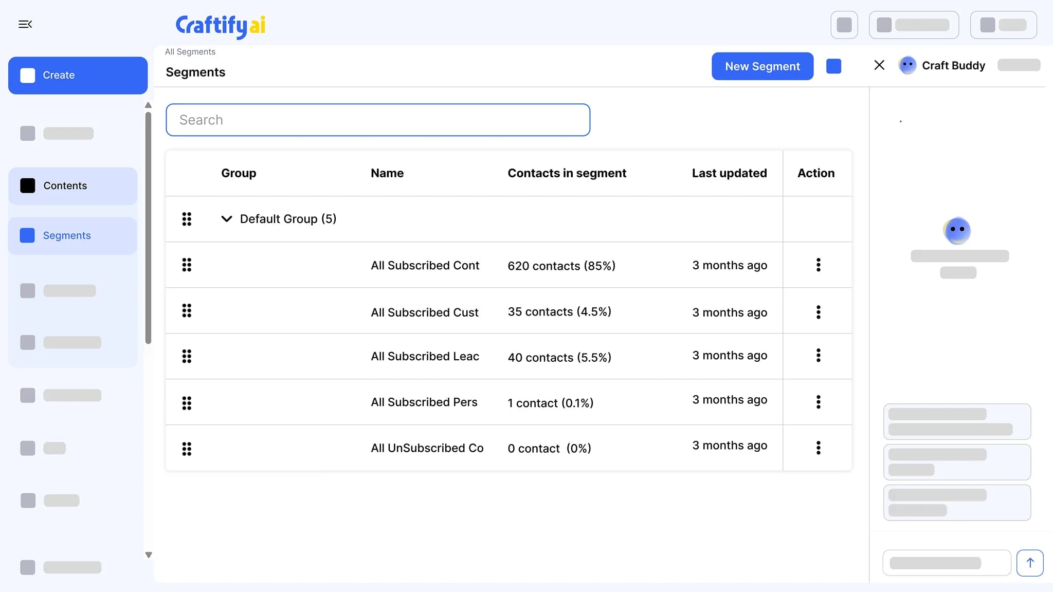 Craftify AI segments list grouping subscribed contacts, customers, leads, and unsubscribed contacts, with the number and share of contacts in each segment