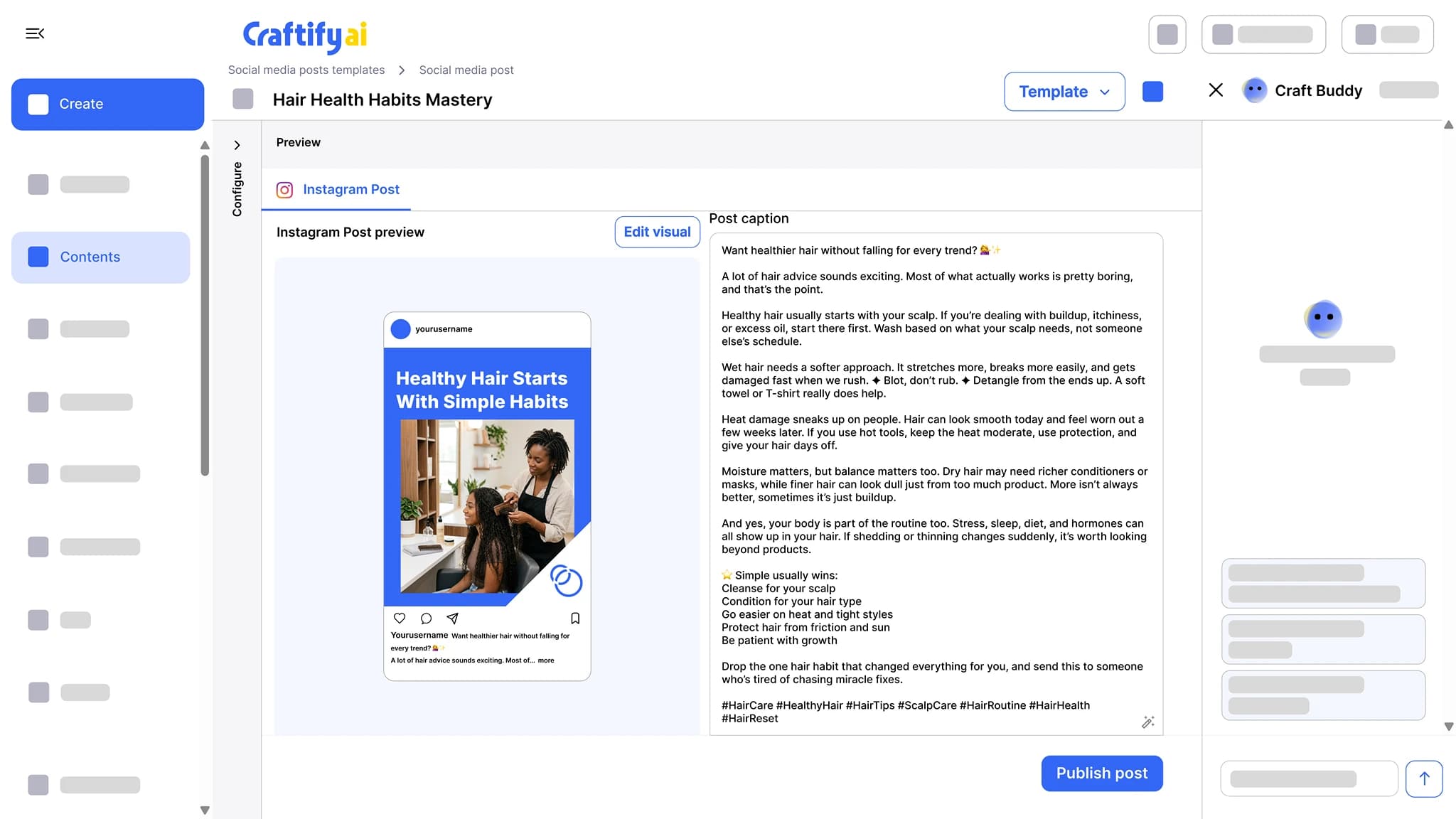 Craftify AI social media post editor: Instagram preview of a hair-care post beside the AI-written caption and hashtags, with Edit visual and Publish post buttons