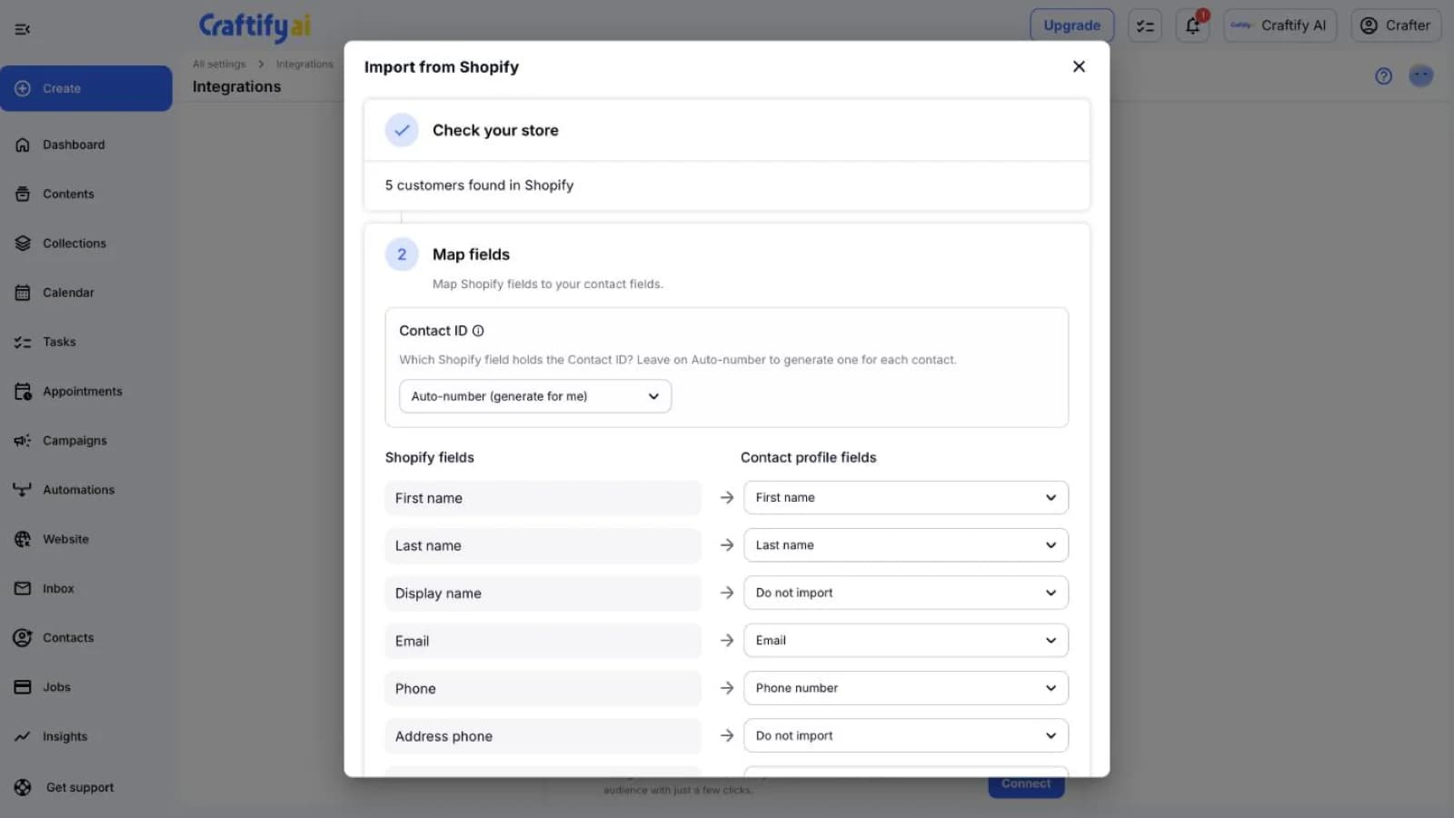 Craftify AI Import from Shopify dialog: customers found in the store, and Shopify fields mapped to contact profile fields