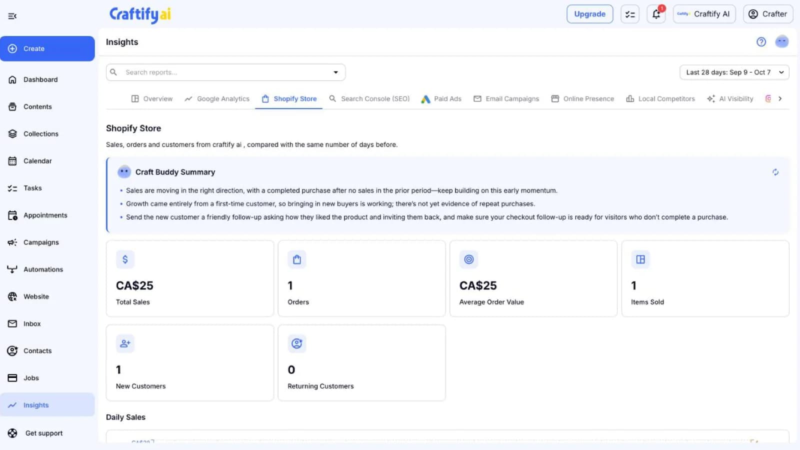 Craftify AI Insights Shopify Store report with a Craft Buddy summary, total sales, orders, average order value, items sold, and new and returning customers