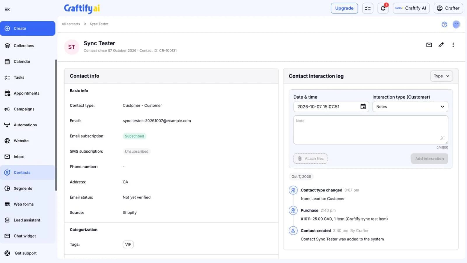 A Shopify customer in Craftify AI contacts with source Shopify, email subscription Subscribed, a VIP tag, and the order logged as a Purchase on the interaction log