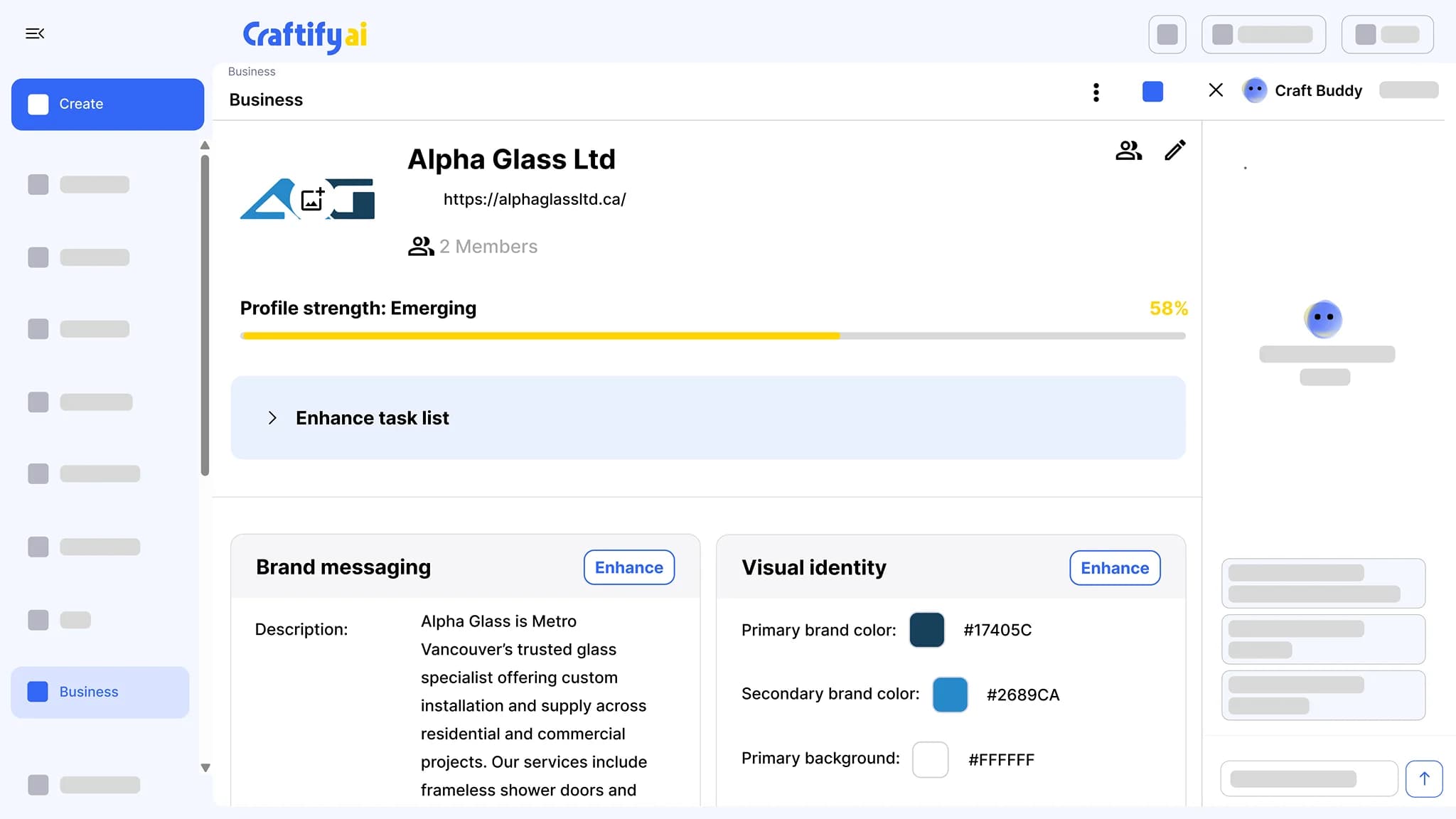 Craftify AI business profile for a glass company with its logo, website, a profile strength meter, and brand messaging and visual identity panels with brand colors