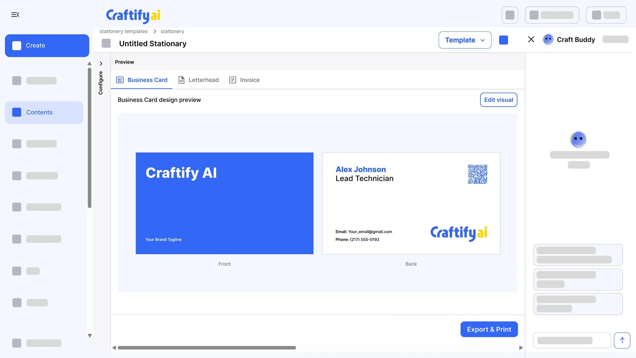 Craftify AI business stationery preview showing the front and back of a branded business card, with Letterhead and Invoice tabs and an Export and Print button