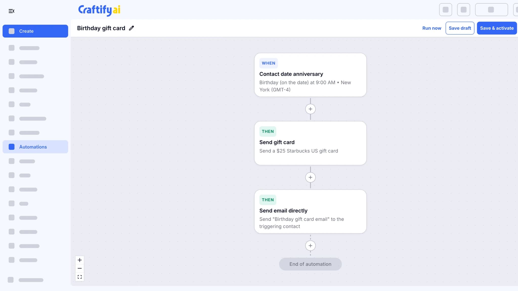 Craftify AI automation that runs on each contact's birthday, sends a $25 Starbucks gift card, then emails it to that contact