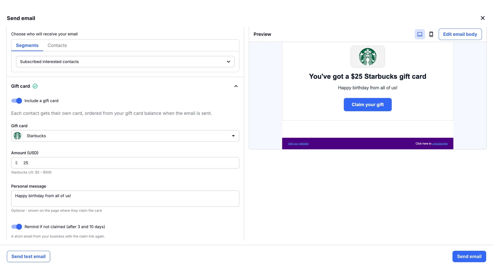 Craftify AI Send email window with Include a gift card turned on: Starbucks, $25, a personal message and reminders, beside the email preview showing the gift card and a Claim your gift button