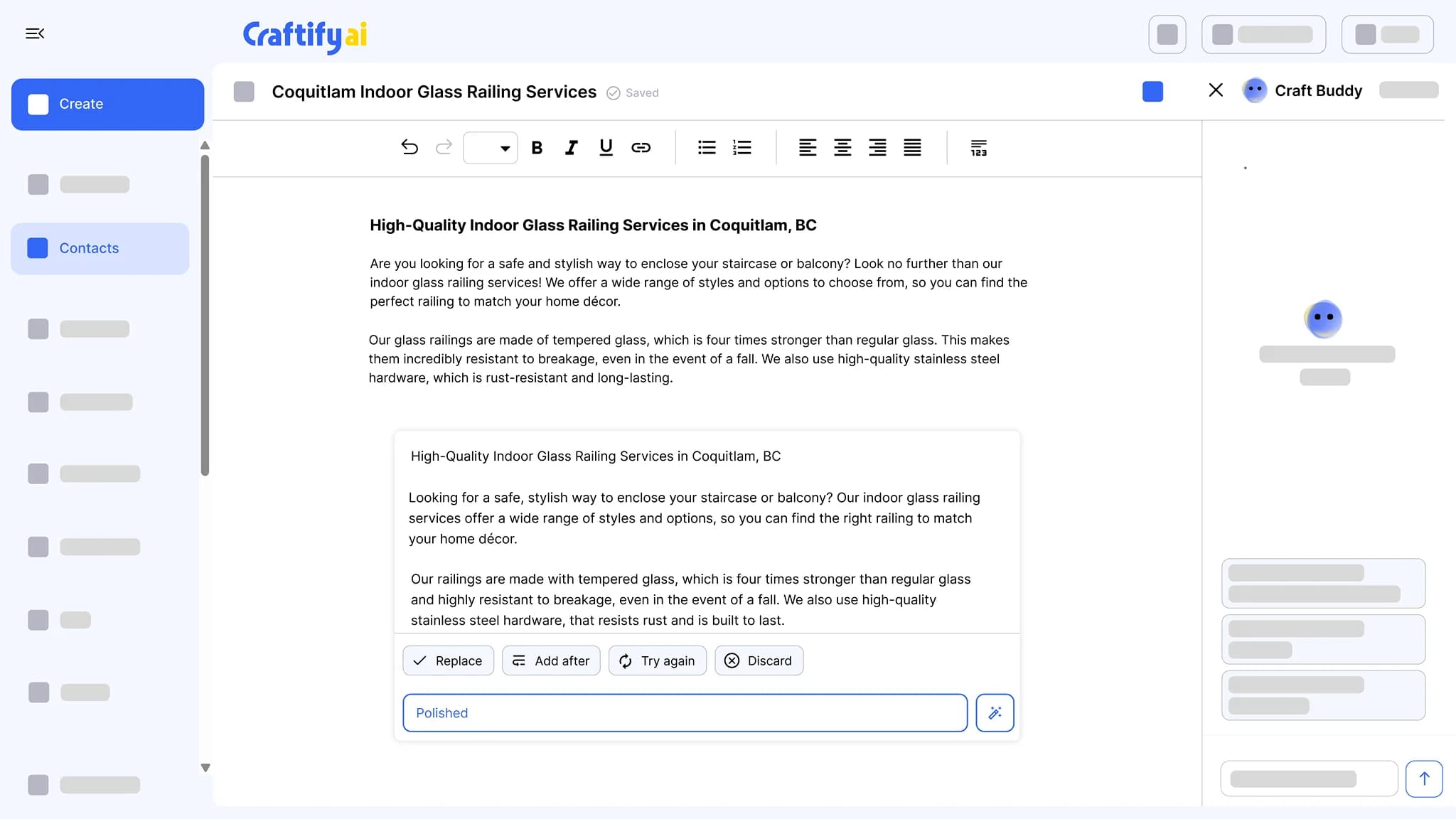Craftify AI Smart Editor with a service page draft and an AI rewrite of the selected text, with Replace, Add after, Try again, and Discard actions