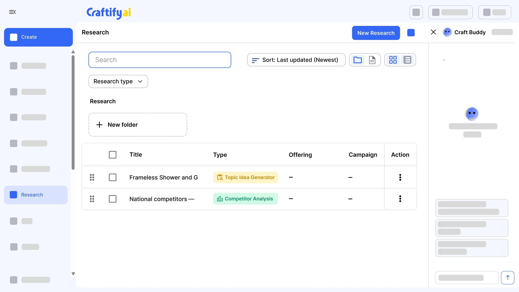 Craftify AI research workspace with folders, a research type filter, and saved topic idea and competitor analysis reports