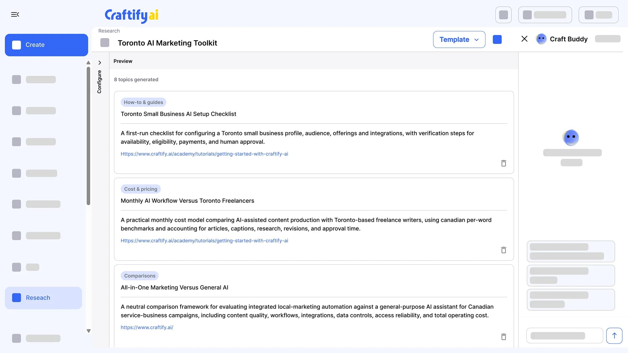 Craftify AI topic research results with eight generated topics, each tagged with a content type such as how-to guide, cost and pricing, or comparison, and a short brief