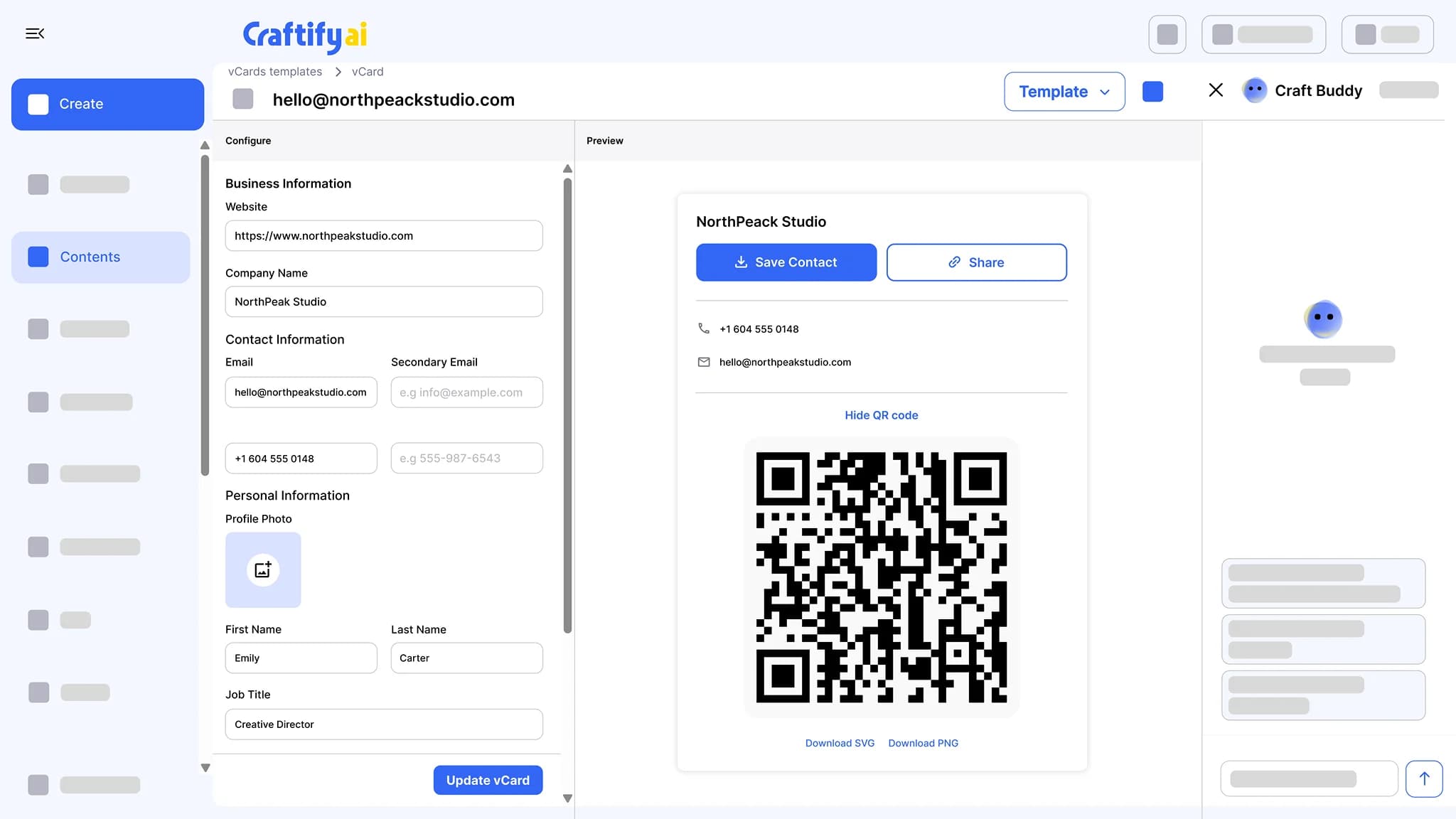 Craftify AI virtual business card editor with business, contact, and personal fields beside a live card preview with Save Contact, Share, and a QR code you can download as SVG or PNG