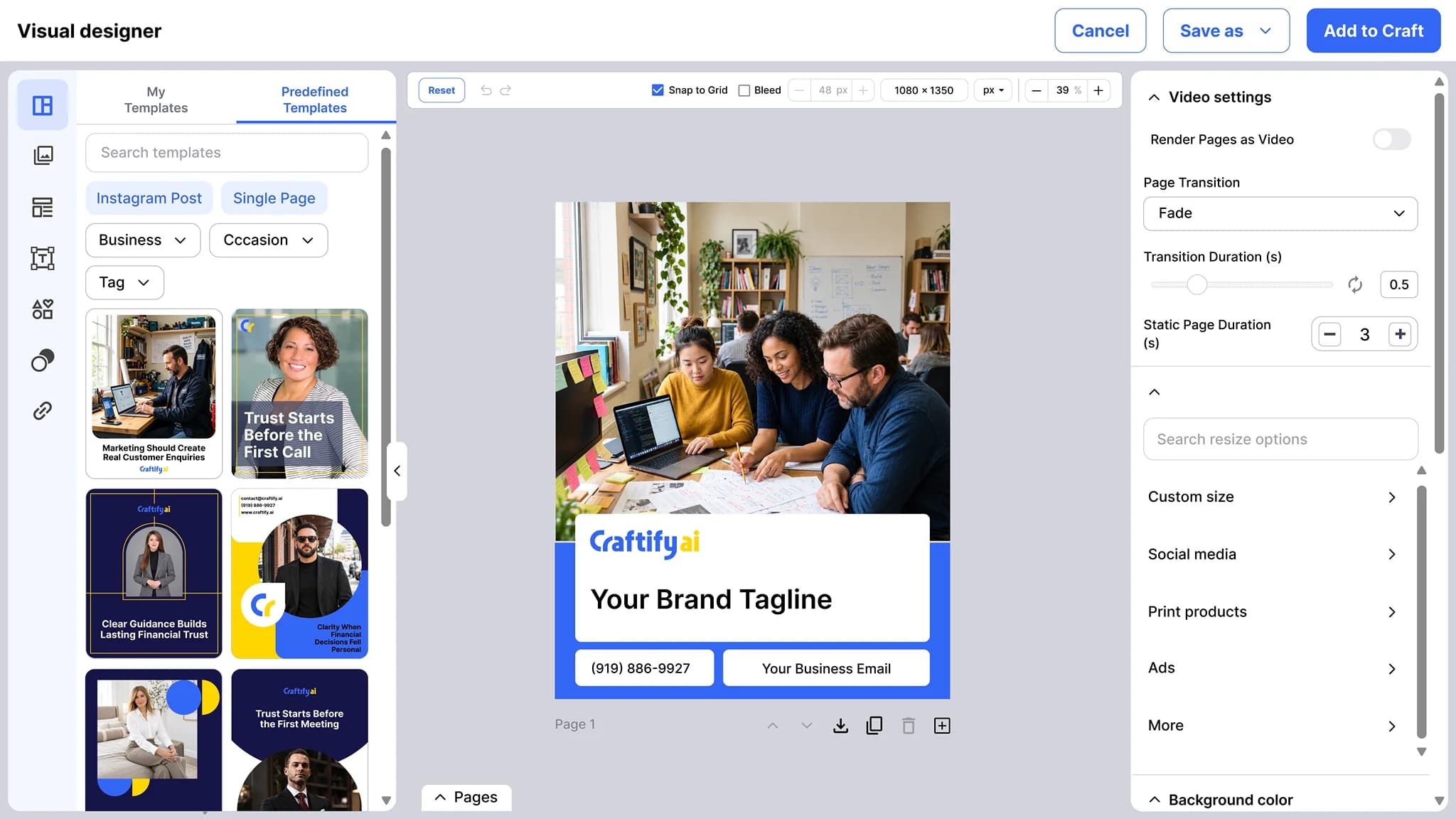 Craftify AI Visual Designer with a predefined template library on the left, a branded social post on the canvas with a logo, tagline, phone, and email, and resize options for social media, print, and ads