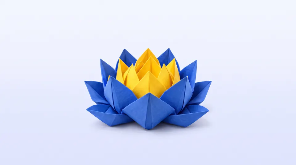 A blue and yellow origami lotus flower